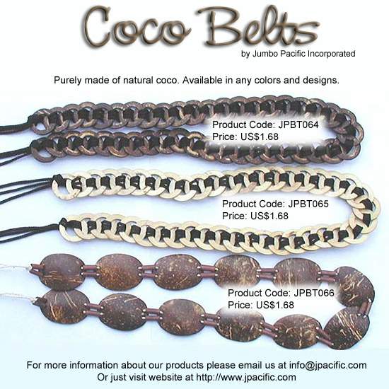 JPBT064, JPBT065, JPBT066 - Coco Belts. Purely made of natural coco. Available in any colors and designs. 