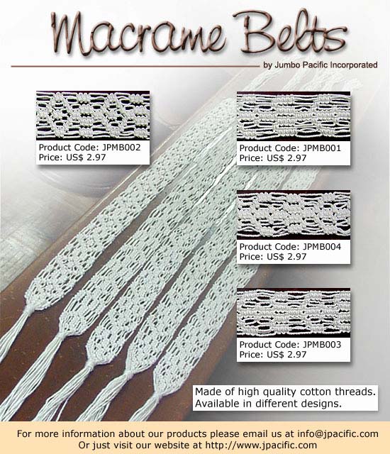 JPMB002, JPMB001, JPMB004, JPMB003 - Macrame Belts. Made of high quality cotton threads. Available in any colors and designs. 