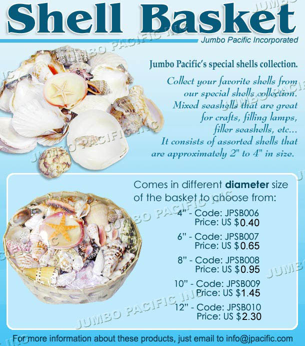 JPSB006, JPSB007, JPSB009, JPSP010 - Shell Basket. Collect your favorite shells from our special shell collection. Mixed seashells that are great for crafts, filling lams, filler sheashells. It consists of assorted shells that are approximately 2-4 in size.
 