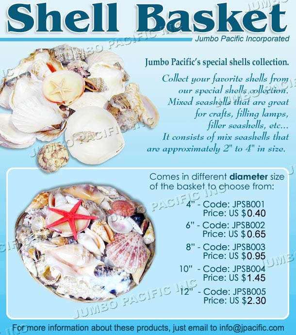 JPSB001, JPSB002, JPSB003, JPSB004, JPSB005 - Shell Basket. Collect your favorite shells from our special shell collection. Mixed seashells that are great for crafts, filling lams, filler sheashells. It consists of assorted shells that are approximately 2-4 in size.
 