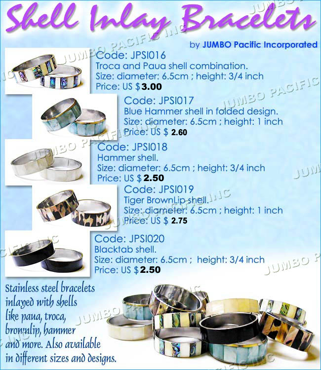 JPSI016, JPSI017, JPSI018, JPSI019, JPSI020 - Stainless steel bracelets inlayed with shells like paua, troca, brownlip, hammer shell and more. 