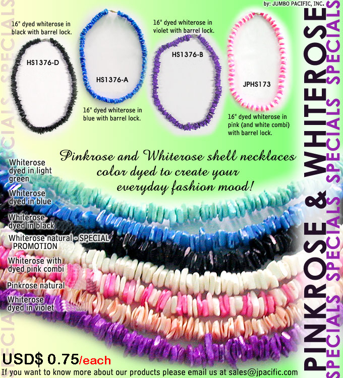 Shell Necklaces - Pinkrose and Whiterose dyed Whiterose necklace with barrel lock dyed in black, blue, violet, lightgreen and pink. These Pinkrose and Whiterose shell necklaces color dyed to create your everyday fashion mood. Product codes HS1376-D, HS1376-A, HS1376-B, JPHS173