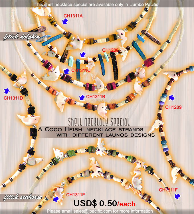 Exotic Philippine Necklace design with different materials combination A coco heishi necklace strand with different launos designs like fitish dolphins and fitish seahorse. The 16 inch necklace is a combination of 2-3 coco heishi bleach white, 3mm hematite beads, 3mm silver balls, 4-5mm hamme shell with different colors. Product codes: CH1311A, CH1311B, CH1311C, CH1311D, CH1311E, CH1311F, CH1289