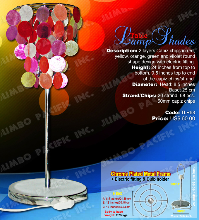 Table Capiz Lamps Code:TLR68 - Round shape multi colors table lamp shades made of capiz shell in chrome plated metal frame.