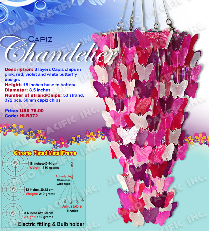 Butterfly Capiz Chandelier 
The Cheapest Manufacturer and wholesaler of all natural and multi colored, small or long size capiz chandelier in the Philippines.
